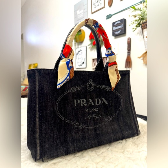 PRADA Black Denim Logo-Print Small Tote Bag - Picture 15 of 16